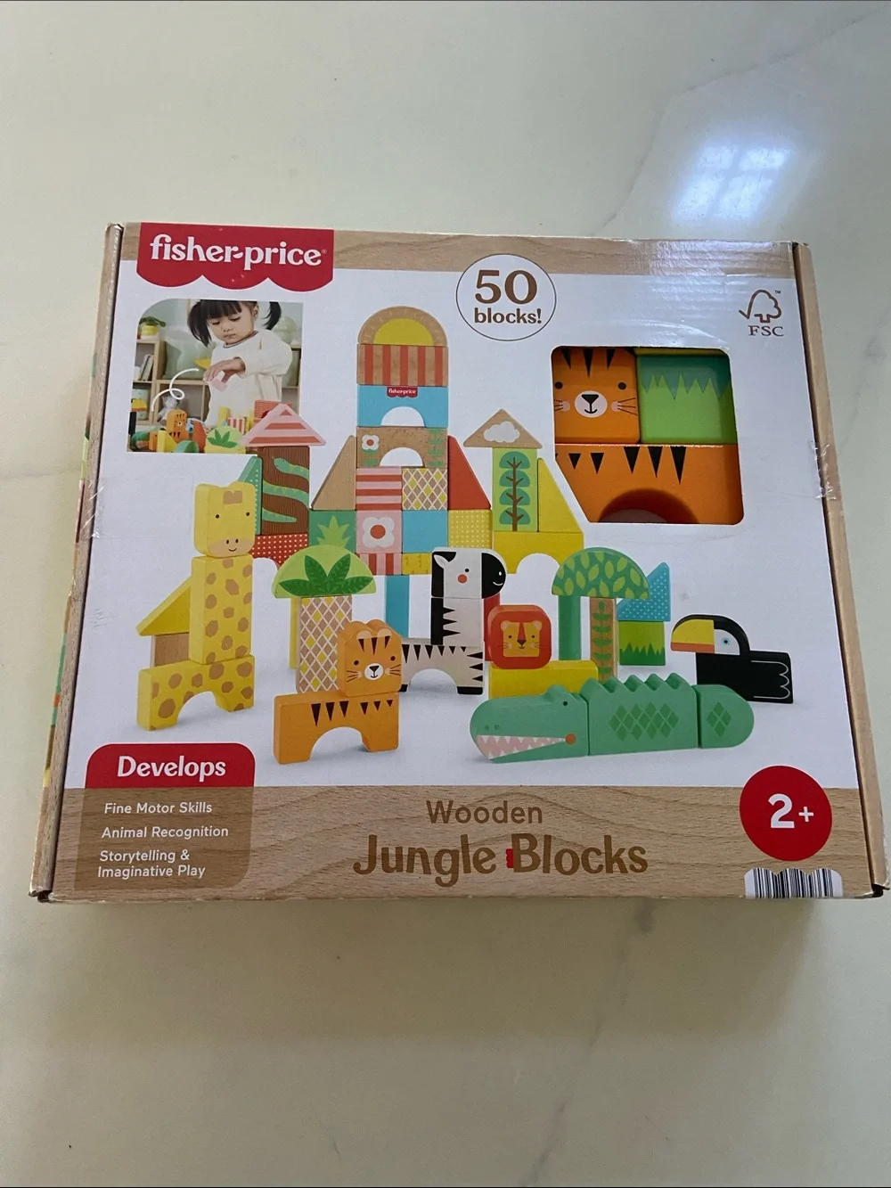 Fisher-Price Wooden Jungle Blocks - Yellow, Green, Orange, Blue, Black
